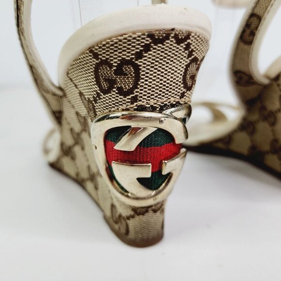 GUCCI Beige GG Canvas Monogram Cross Strap Wedge Ankle Strap Sandal Size 6.5 B - Picture 10 of 16